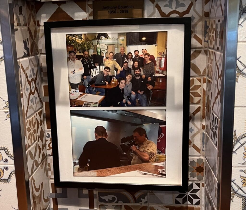 Anthony Bourdain visiting O Afonso restaurant in Porto with staff during filming