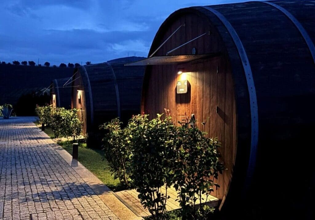 wine barrel hotel Quinta da Pacheca Douro Valley Portugal at night