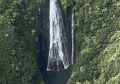 Manawaiopuna Falls (Jurassic Park Falls) dropping through a narrow jungle valley in Kauai, Hawaii, viewed from a helicopter