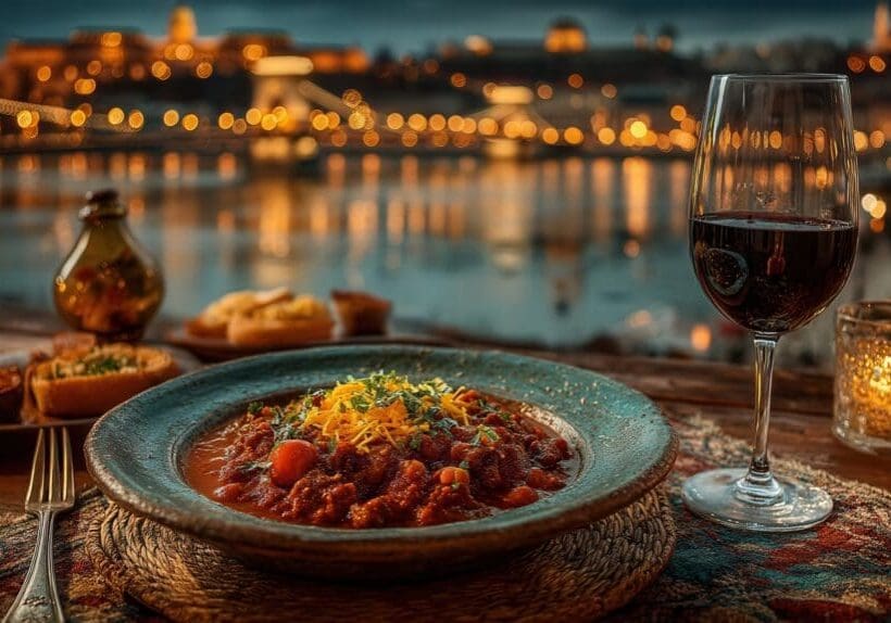 traditional Hungarian dinner overlooking the Danube and Budapest skyline in the background